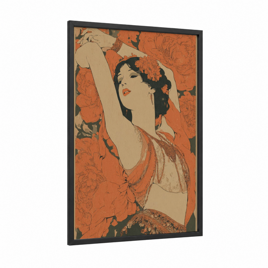 Crimson Belly Dancer framed art print — black wood frame — russet and cream palette