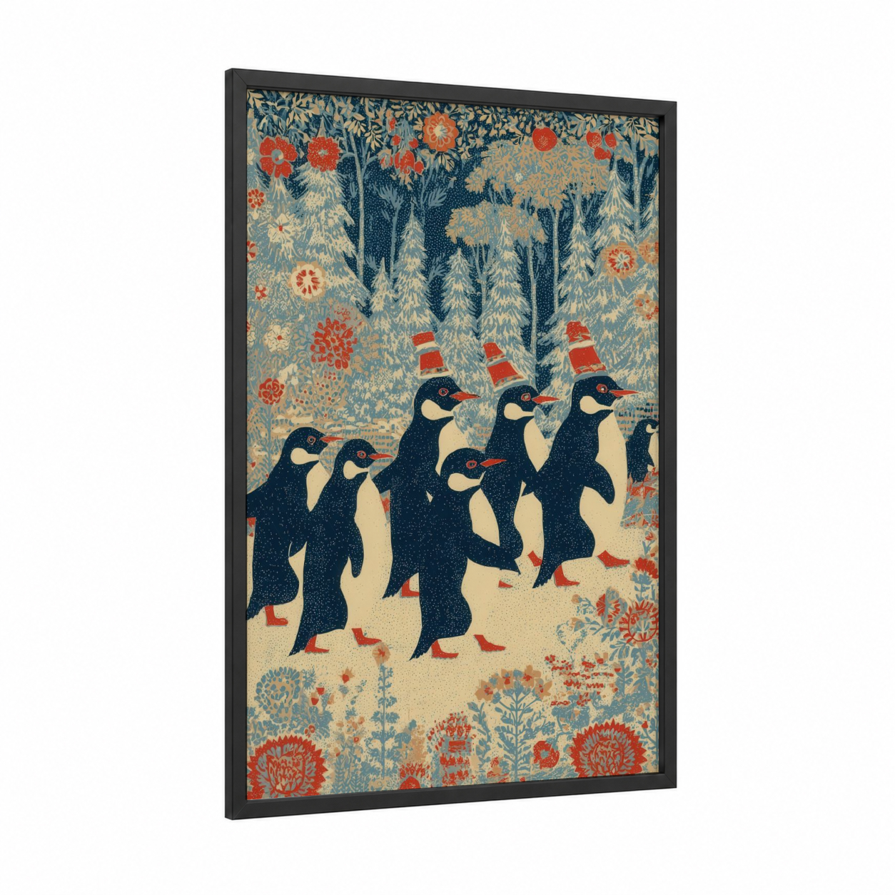 Festive Penguin Procession framed art print — black wood frame — blue and gold and red palette