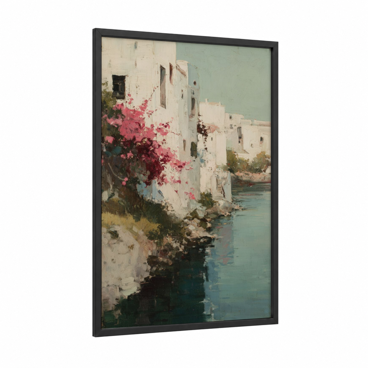 Riverside Bougainvillea framed art print — black wood frame — cream and sage green palette