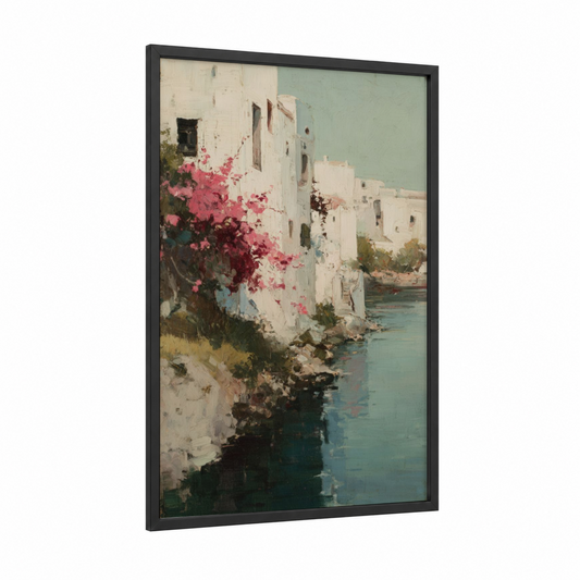 Riverside Bougainvillea framed art print — black wood frame — cream and sage green palette