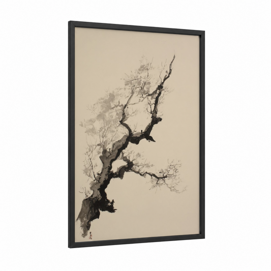 Gnarled Banyan framed banyan tree print — black wood frame — black and white and dove gray palette