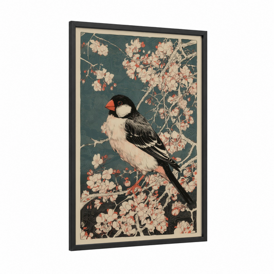 Blossom Finch framed art print — black wood frame — teal and cream palette