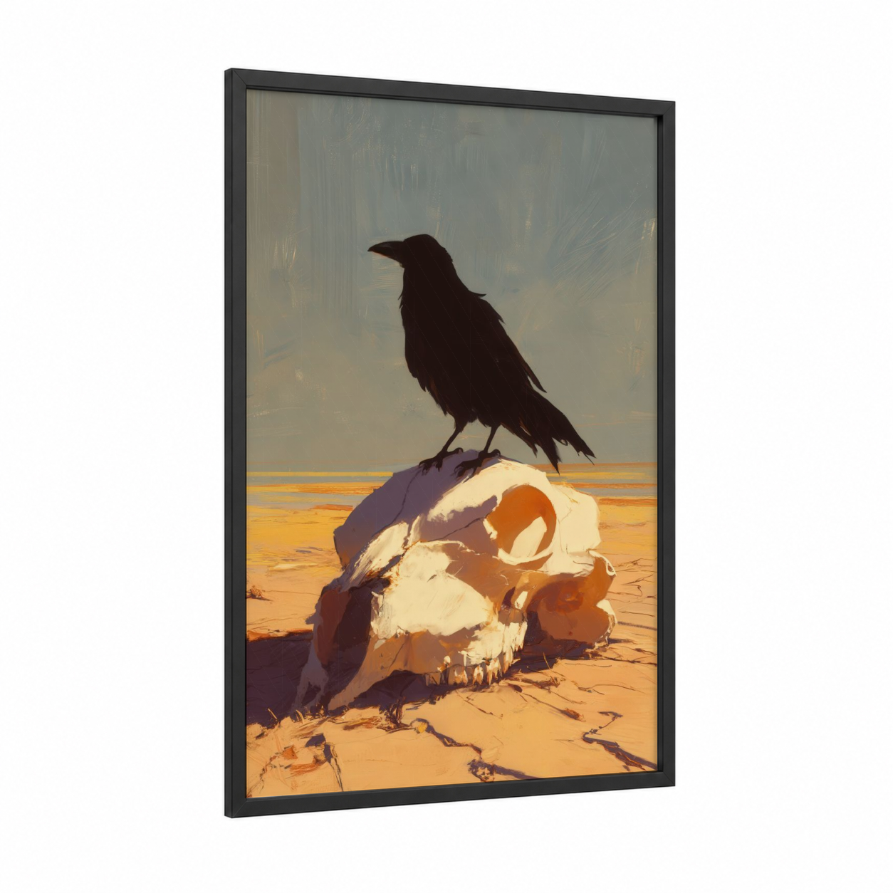 Desert Raven framed crows and ravens print — black wood frame — gold and black and white palette