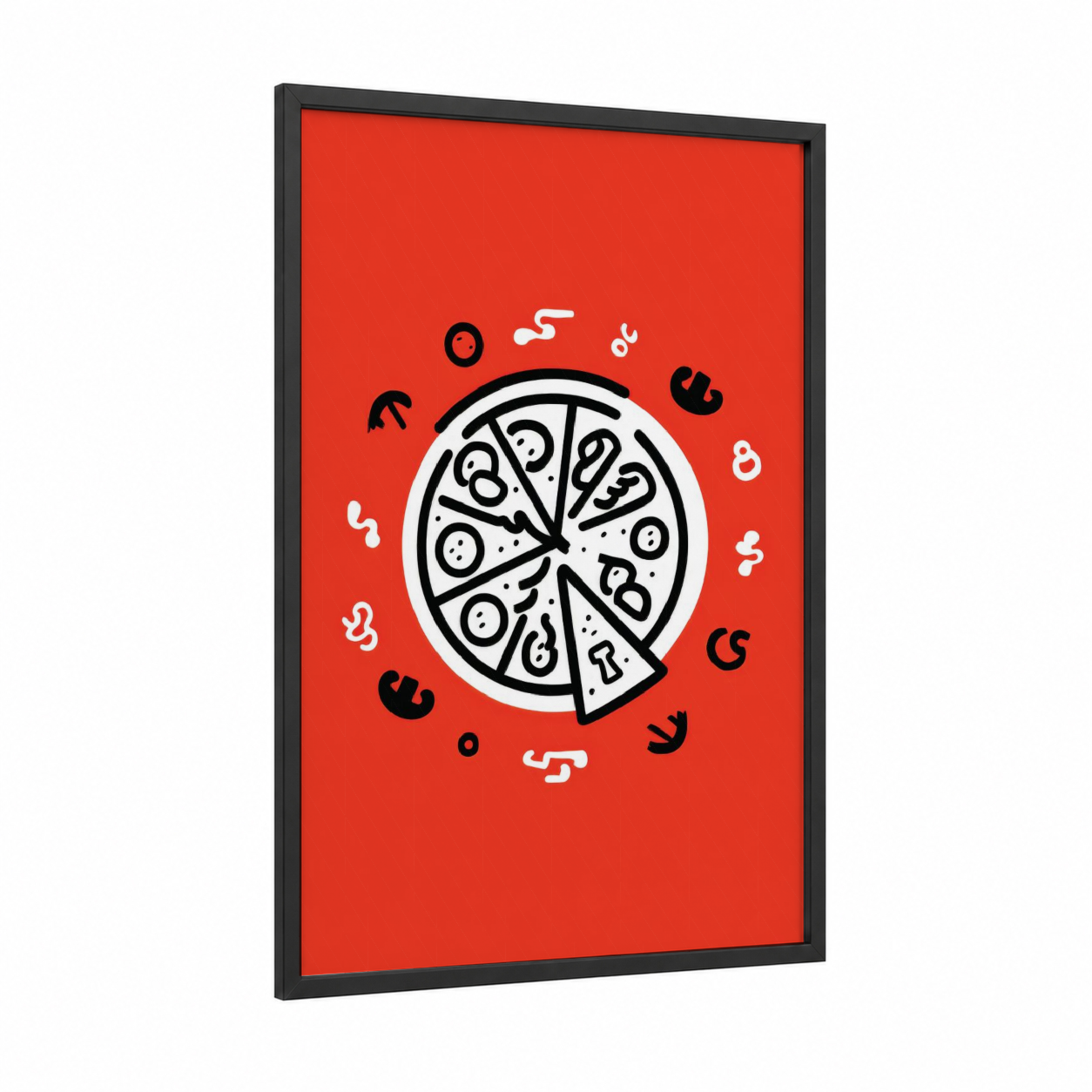 Bold Pizza Illustration framed fast food print — black wood frame — red and black and white palette