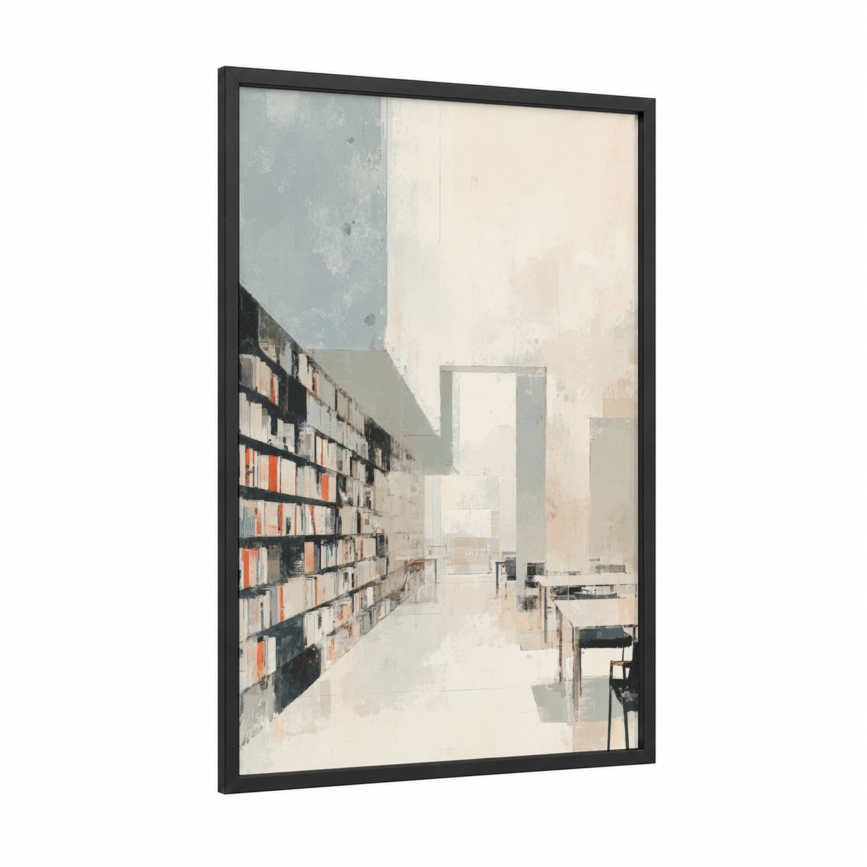Minimalist Library Interior framed art print — black wood frame — cream and dove gray palette