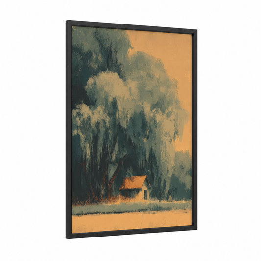 Golden Willow Cottage framed willow forest print — black wood frame — gold and sage green palette