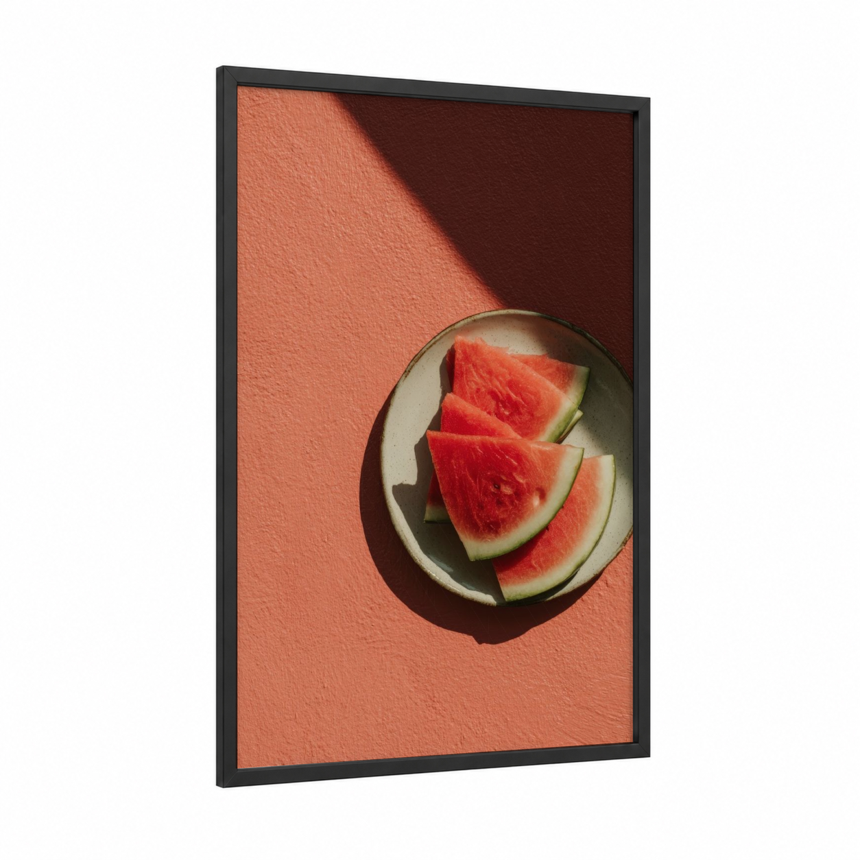 Summer Watermelon Slices framed fruit print — black wood frame — red and peach palette