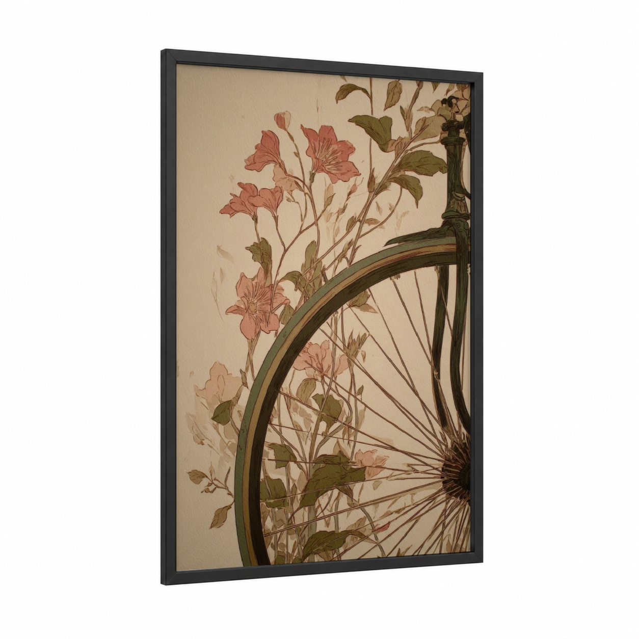 Floral Unicycle framed art print — black wood frame — cream and russet palette