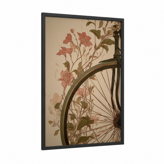 Floral Unicycle framed art print — black wood frame — cream and russet palette