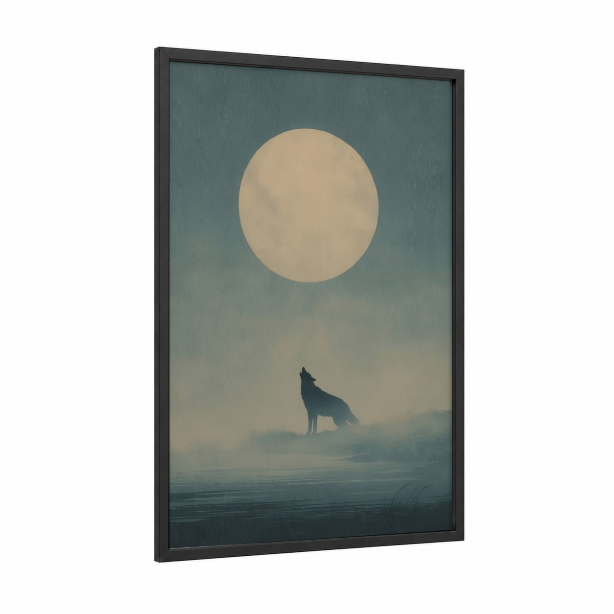 Moonlit Coyote framed art print — black wood frame — blue and white and cream palette
