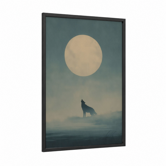 Moonlit Coyote framed art print — black wood frame — blue and white and cream palette