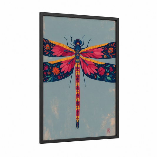 Floral Dragonfly framed art print — black wood frame — magenta and gold palette