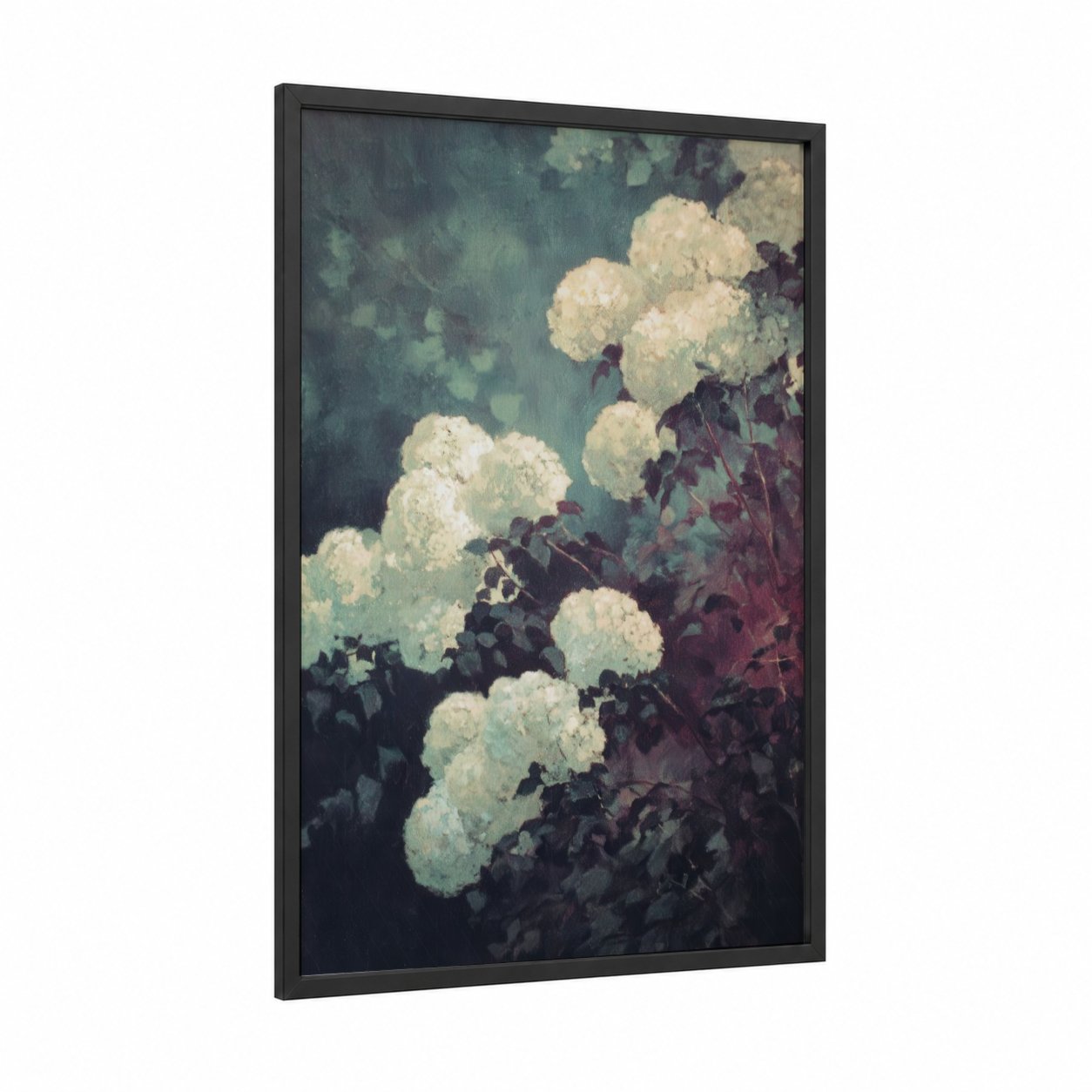 Vintage Lilac Blooms framed art print — black wood frame — teal and cream palette