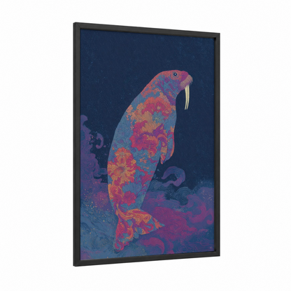 Floral Walrus framed art print — black wood frame — blue and magenta palette