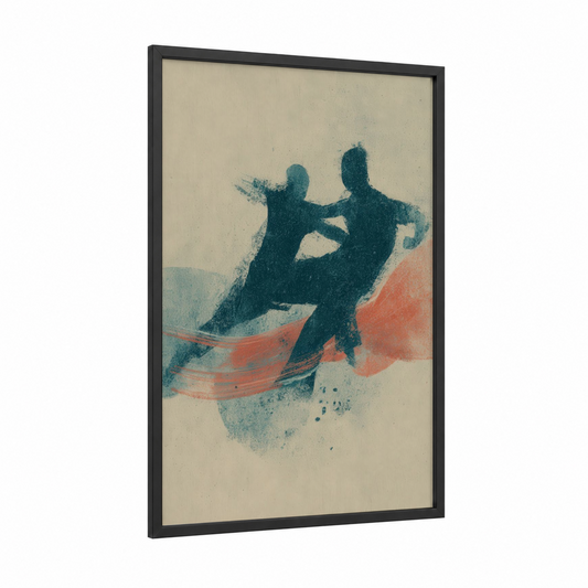 Dynamic Capoeira Dancers framed art print — black wood frame — teal and peach palette