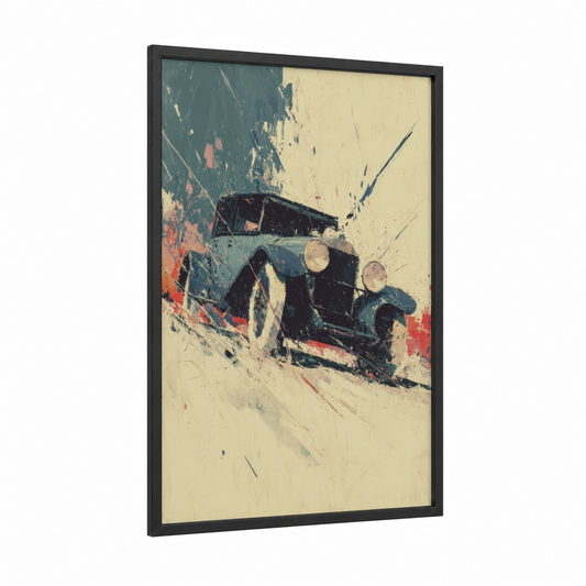Vintage Speed framed classic car print — black wood frame — teal and cream palette