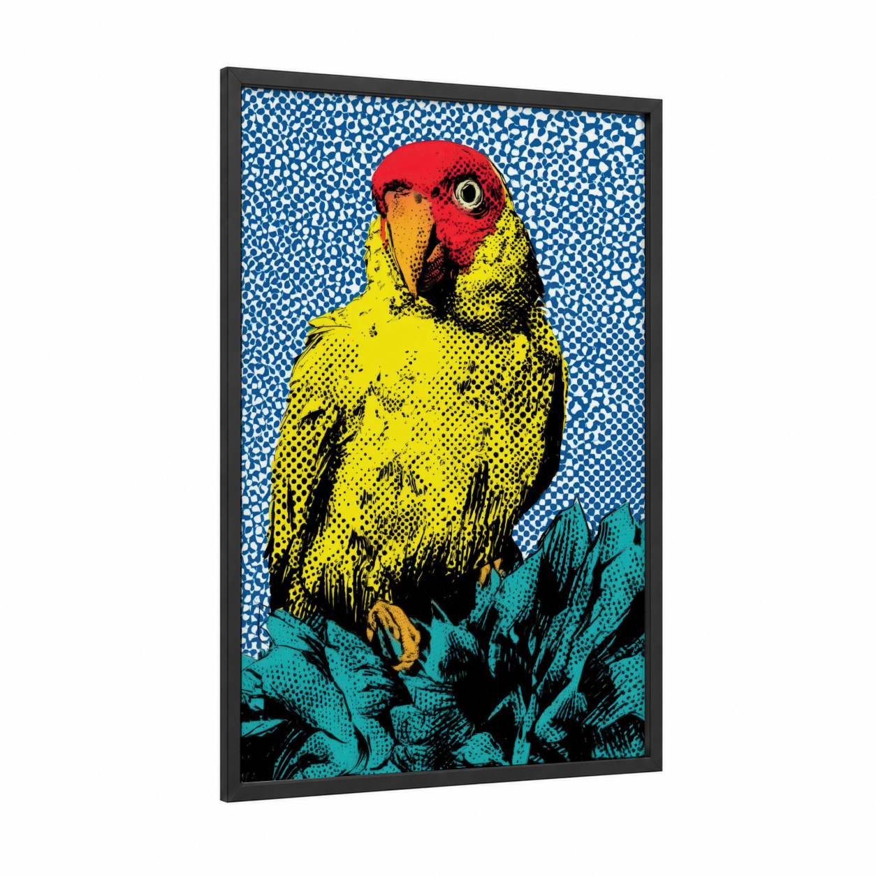 Colorful Safari Parrot framed safari parrots print — black wood frame — blue and yellow gold palette