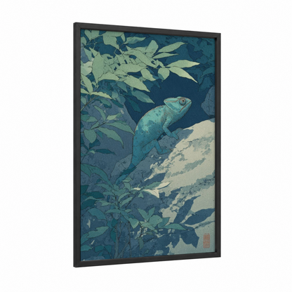 Turquoise Chameleon framed art print — black wood frame — teal and light green palette
