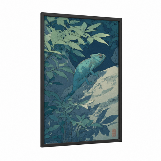 Turquoise Chameleon framed art print — black wood frame — teal and light green palette