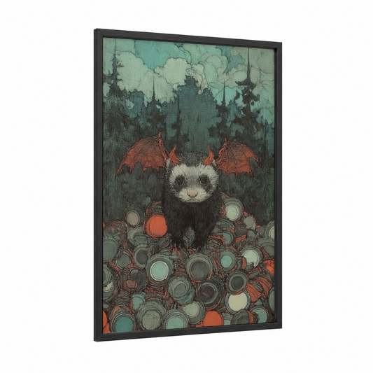 Rainy Ferret framed art print — black wood frame — teal and russet palette