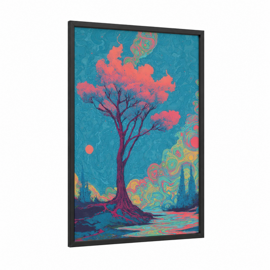 Crimson Cypress Dream framed cypress tree print — black wood frame — teal and salmon pink palette