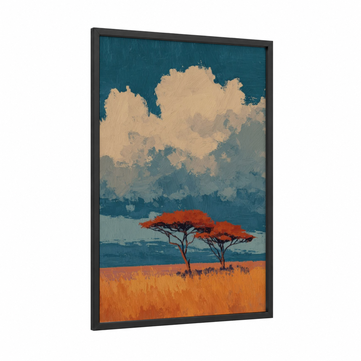 Crimson Savanna framed savanna and desert trees print — black wood frame — teal and orange palette