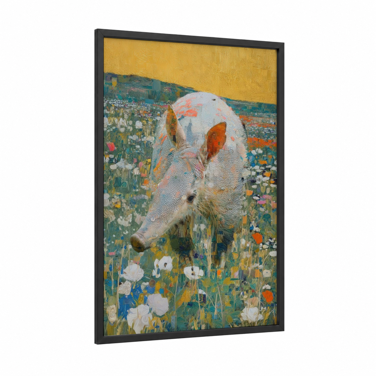 Wildflower Aardvark framed art print — black wood frame — yellow gold and teal palette