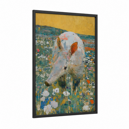 Wildflower Aardvark framed art print — black wood frame — yellow gold and teal palette