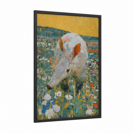 Wildflower Aardvark framed art print — black wood frame — yellow gold and teal palette