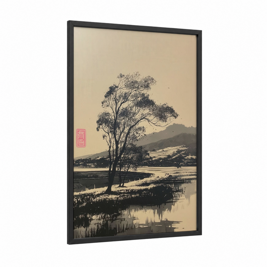 Riverside Willow Landscape framed various landscapes print — black wood frame — cream and gray palette