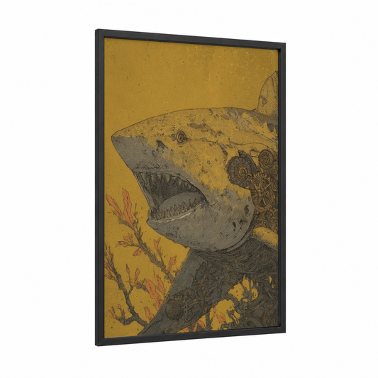 Steampunk Lemon Shark framed art print — black wood frame — gold and black and white palette