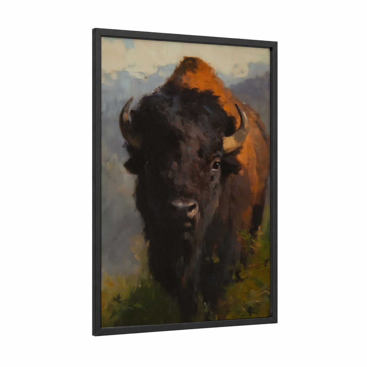 Golden Hour Bison framed art print — black wood frame — gold and brown palette