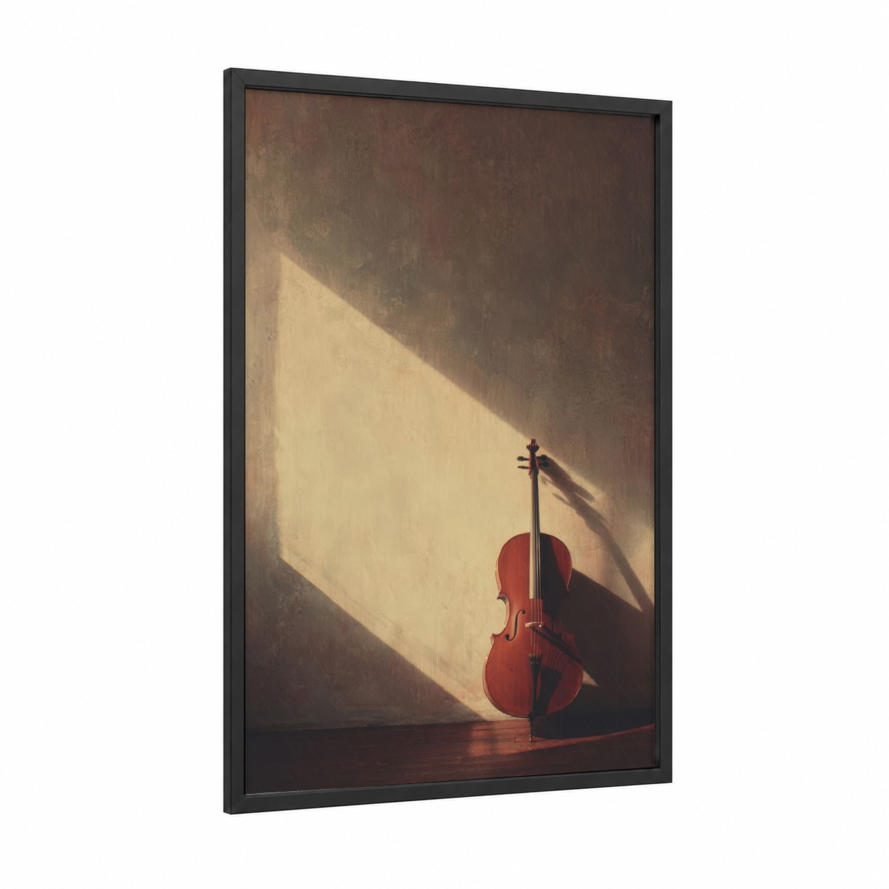 Sunlit Cello framed art print — black wood frame — russet and beige palette