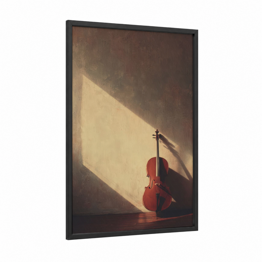 Sunlit Cello framed art print — black wood frame — russet and beige palette