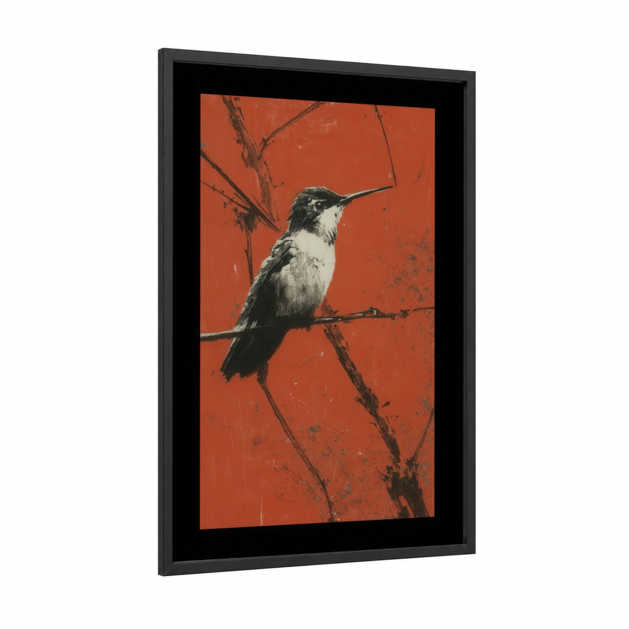 Crimson Hummingbird framed art print — black wood frame — red and black and white palette