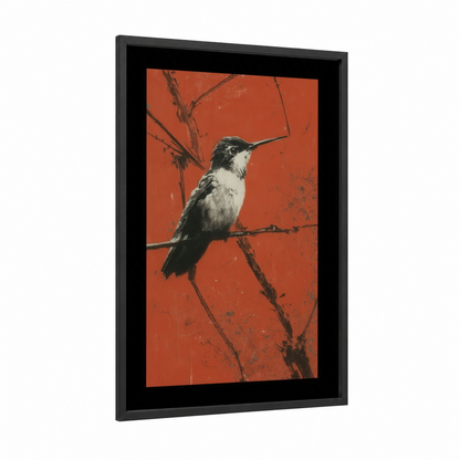 Crimson Hummingbird framed art print — black wood frame — red and black and white palette