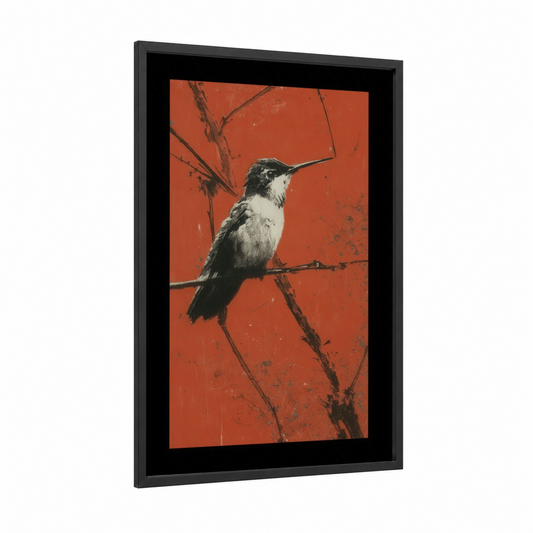 Crimson Hummingbird framed art print — black wood frame — red and black and white palette