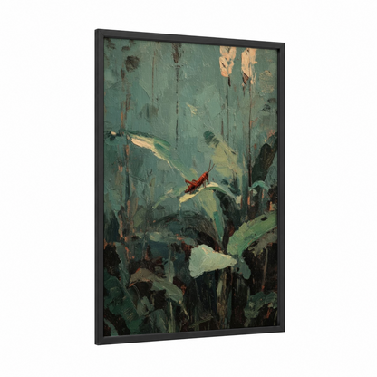 Garden Grasshopper framed art print — black wood frame — sage green and dark green palette