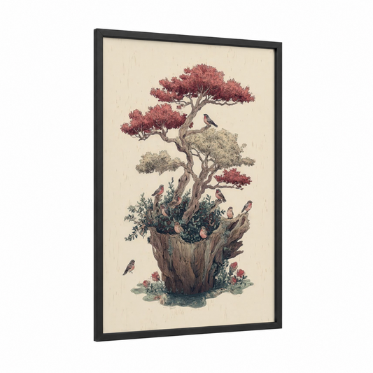 Crimson Bonsai Garden framed bonsai tree print — black wood frame — maroon and cream palette