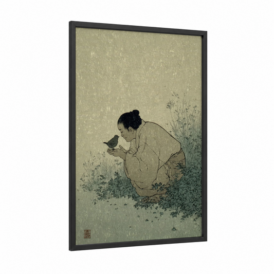 Gentle Sumo Moment framed art print — black wood frame — cream and black palette