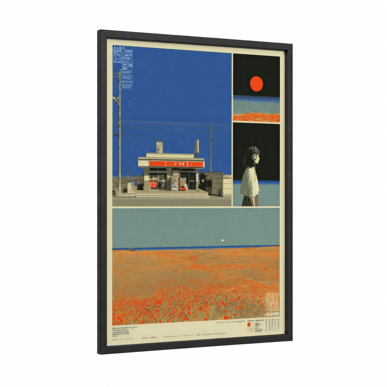 Neon Poppy Field framed japanese y2k print — black wood frame — blue and orange palette