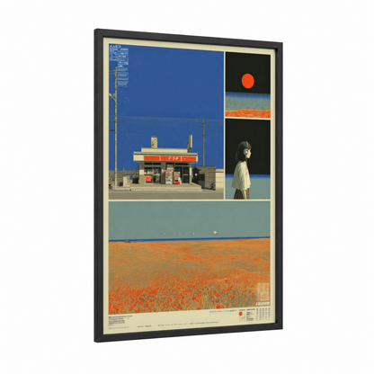 Neon Poppy Field framed japanese y2k print — black wood frame — blue and orange palette