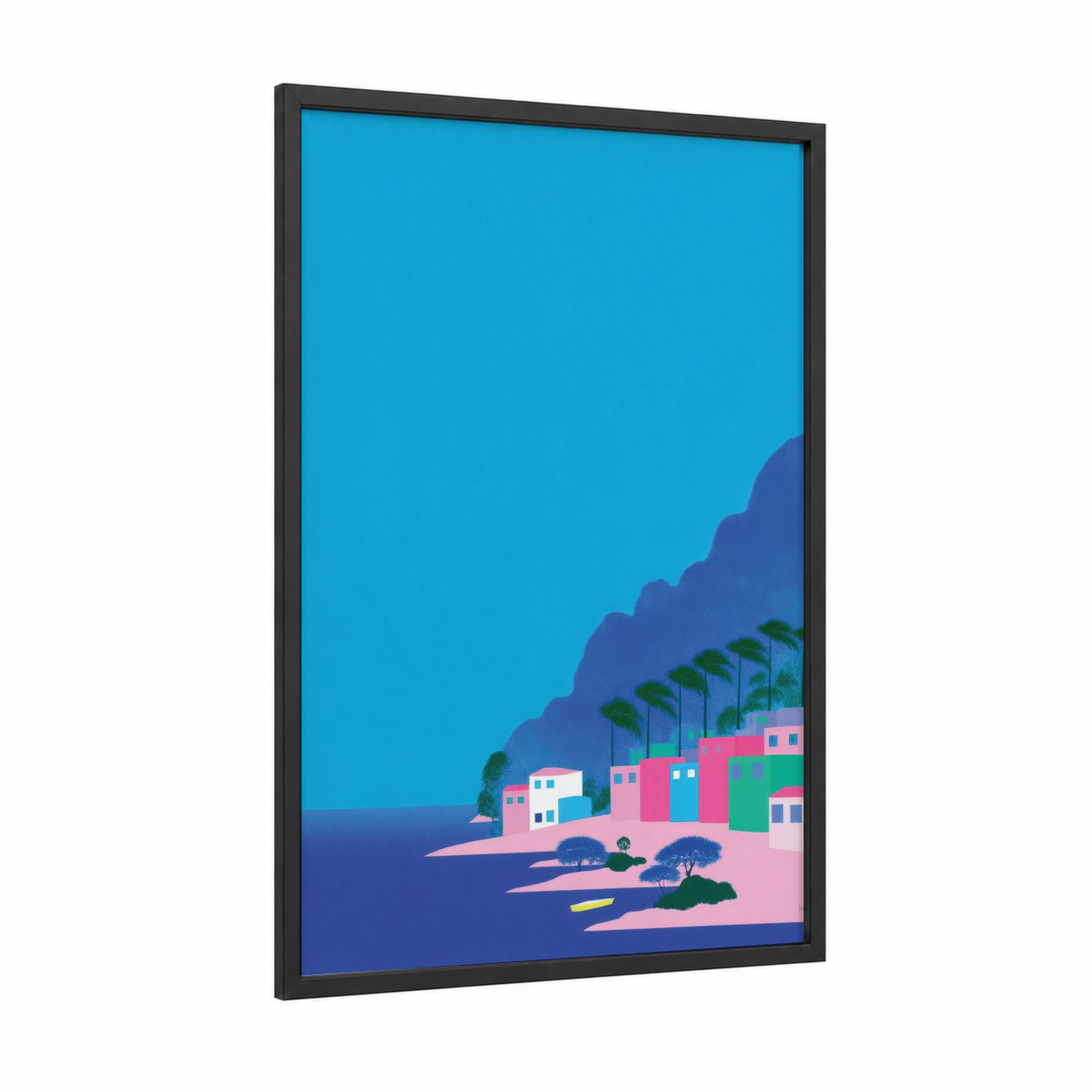 Vibrant Beach Town framed art print — black wood frame — blue and pink palette