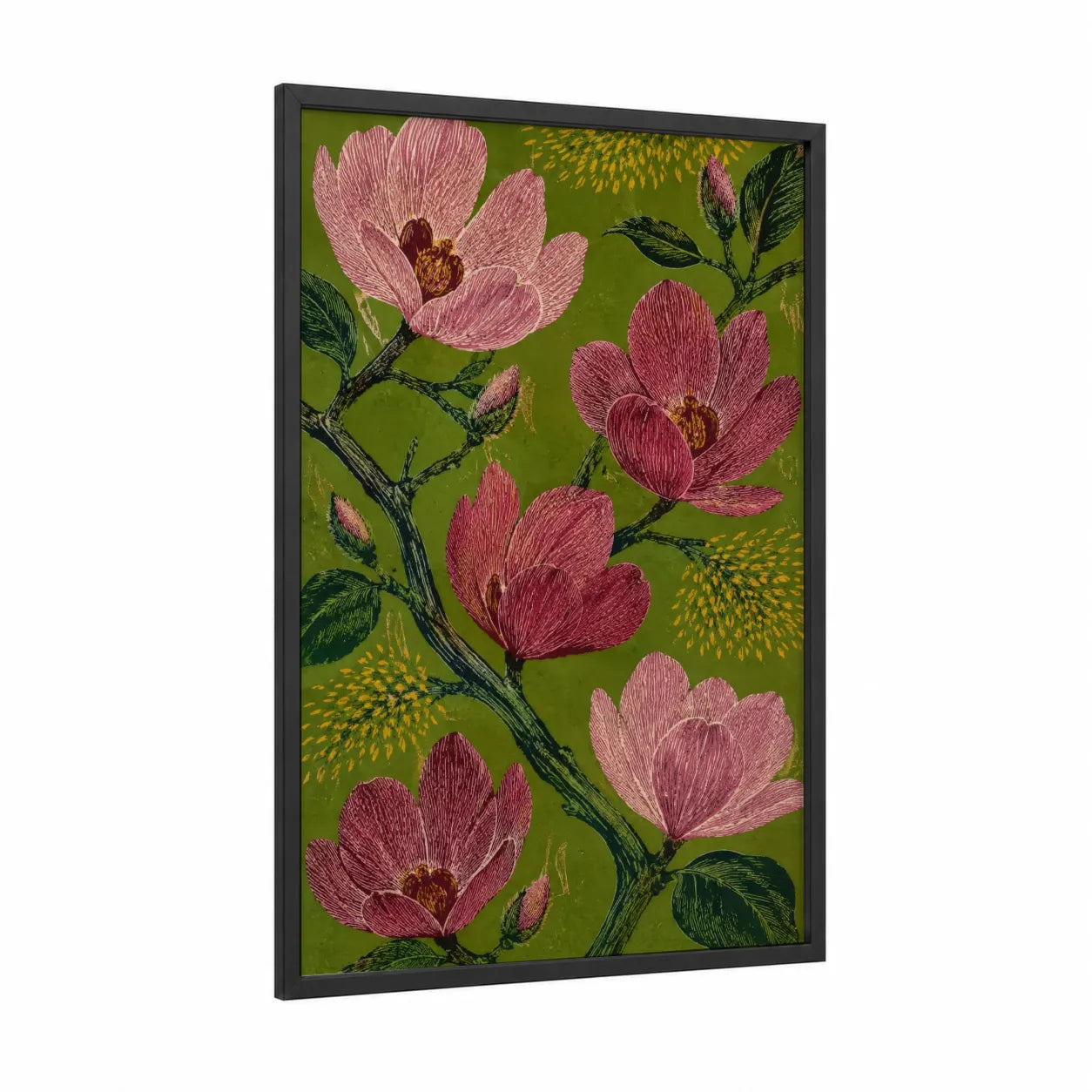 Vintage Magnolia Blossom Botanical Wall Art framed art print — black wood frame — olive and salmon pink palette