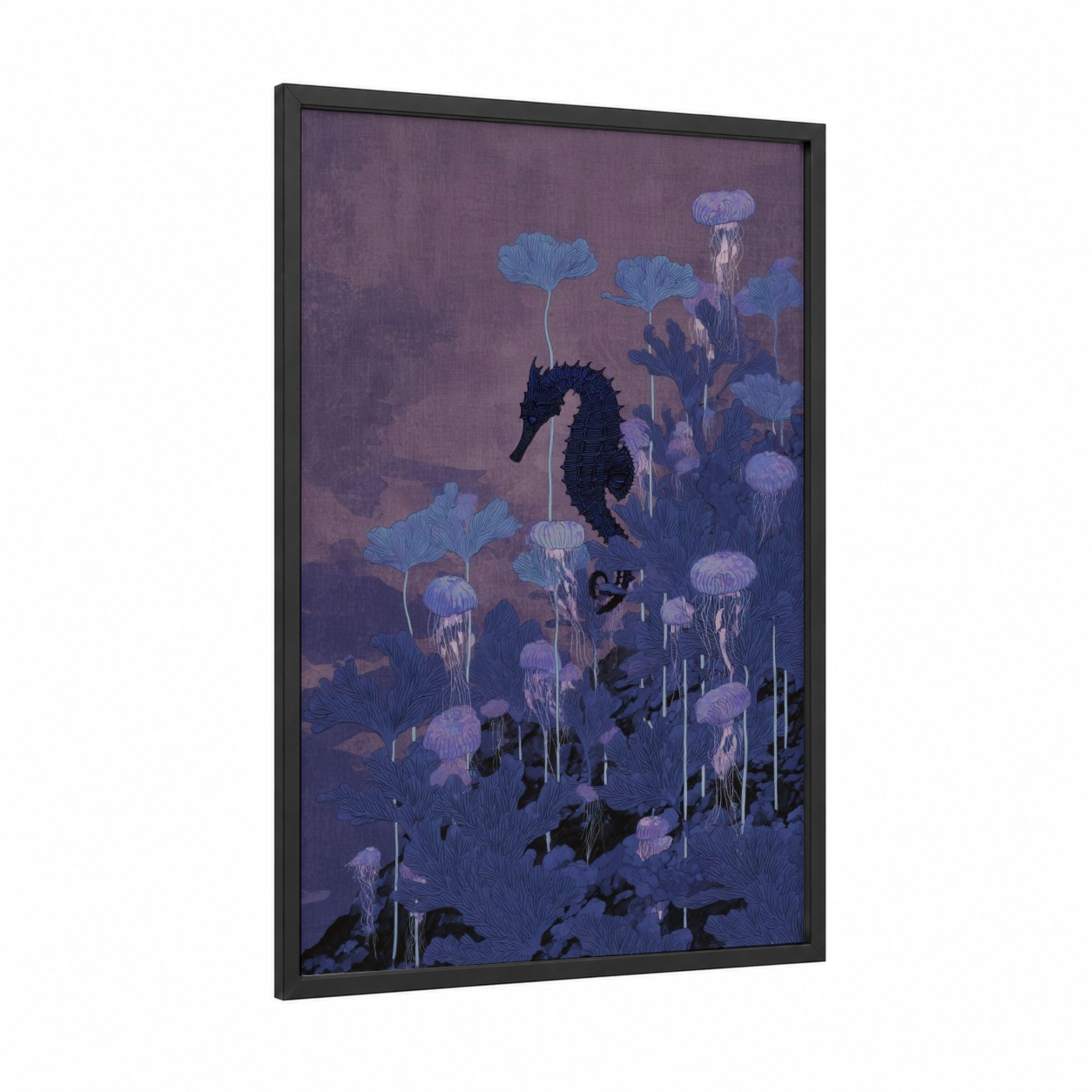 Midnight Seahorse framed sea horse print — black wood frame — purple and blue palette