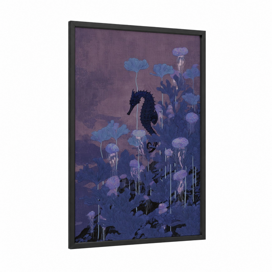Midnight Seahorse framed sea horse print — black wood frame — purple and blue palette