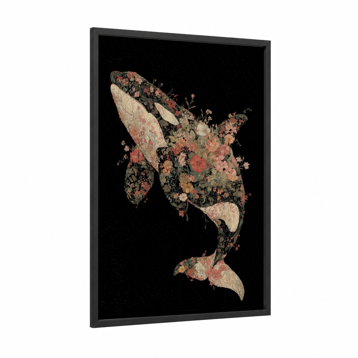 Floral Orca Whale framed art print — black wood frame — salmon pink and sage green palette