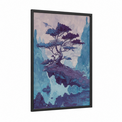 Floating Juniper framed juniper tree print — black wood frame — purple and blue palette