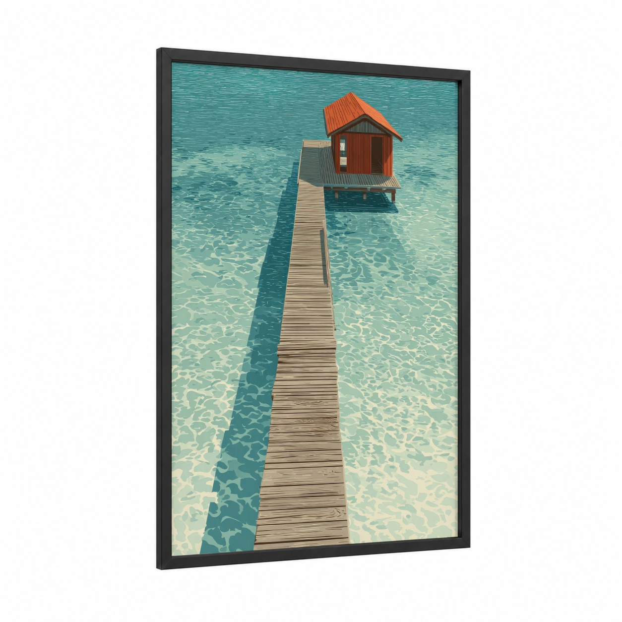 Turquoise Boathouse Pier framed docks and piers print — black wood frame — turquoise and orange palette