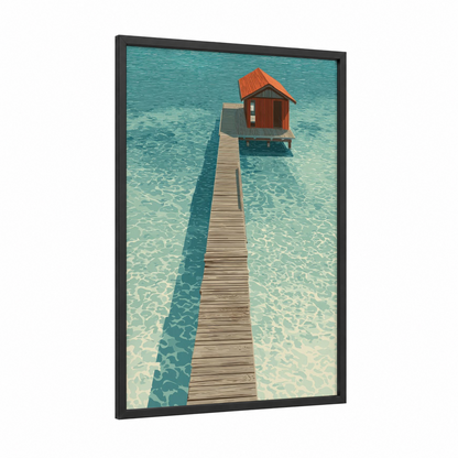 Turquoise Boathouse Pier framed docks and piers print — black wood frame — turquoise and orange palette